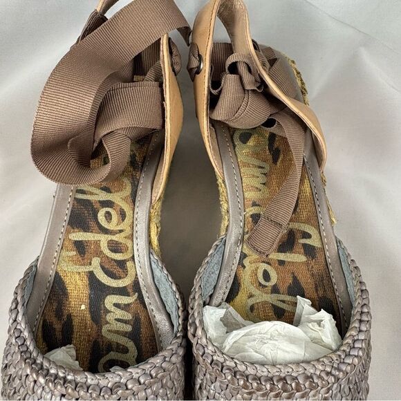 SAM EDELMAN Brown Woven Espadrille Wedge Sandals with Ribbon Tie, Size 7.5 - Picture 2 of 8